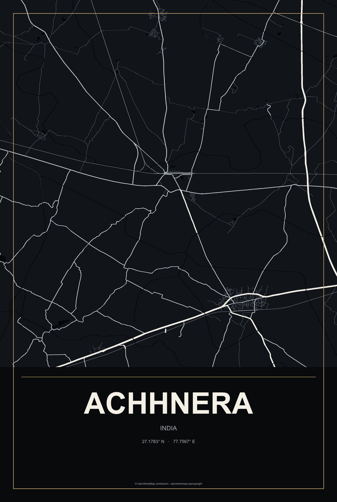 Achhnera, India City Map Aluminum Sign in Metropolitan Noir style