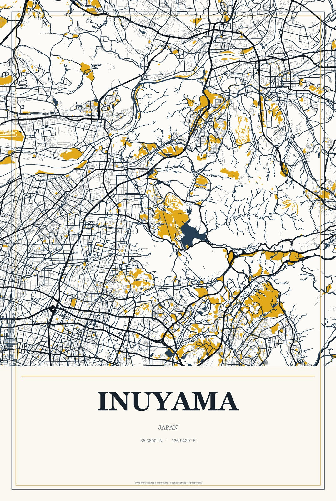 Inuyama, Japan City Map Aluminum Sign in Citrine Modern style