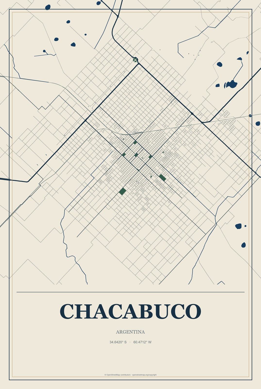 Chacabuco, Argentina City Map Aluminum Sign in Coastal Cutout style