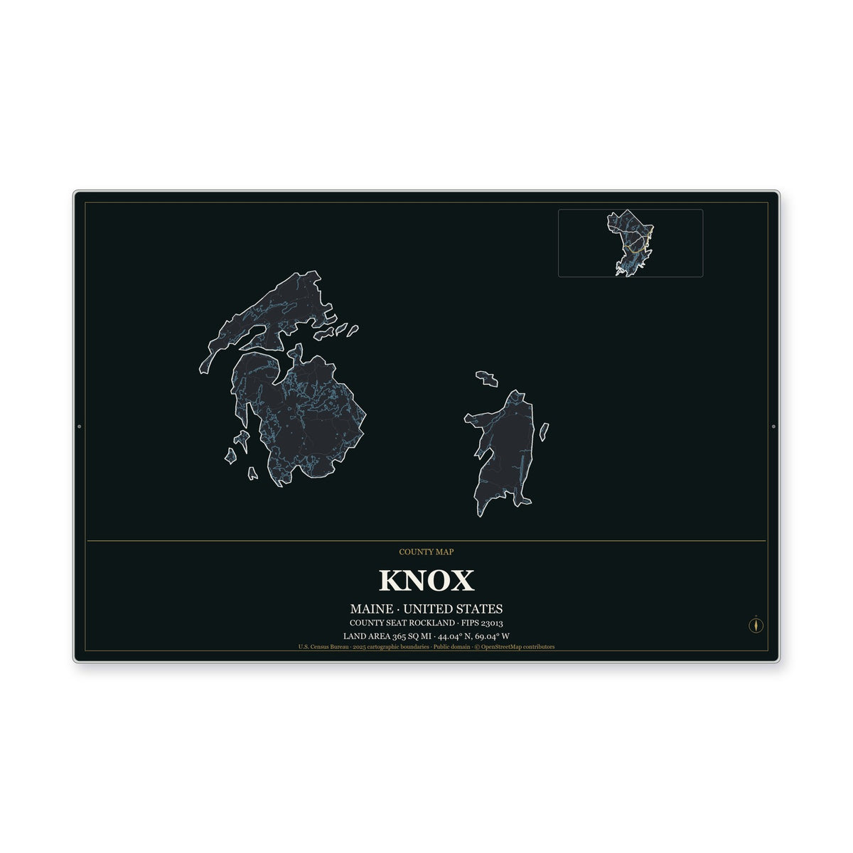 Knox County, Maine Map Aluminum Sign in Metropolitan Noir style