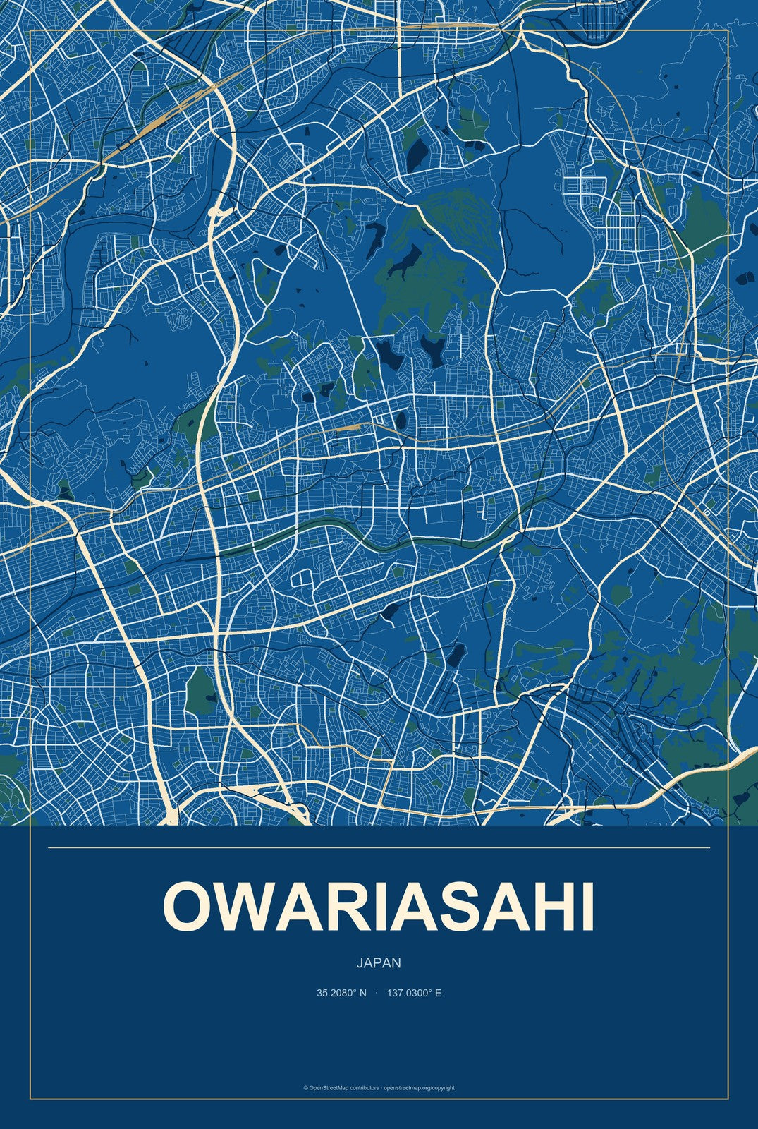 Owariasahi, Japan City Map Aluminum Sign in Harbor Cobalt style