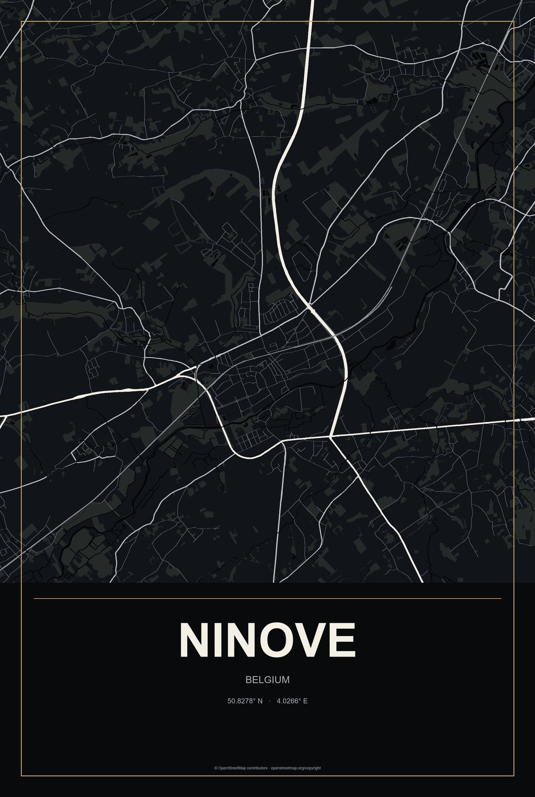 Ninove, Belgium City Map Aluminum Sign in Metropolitan Noir style