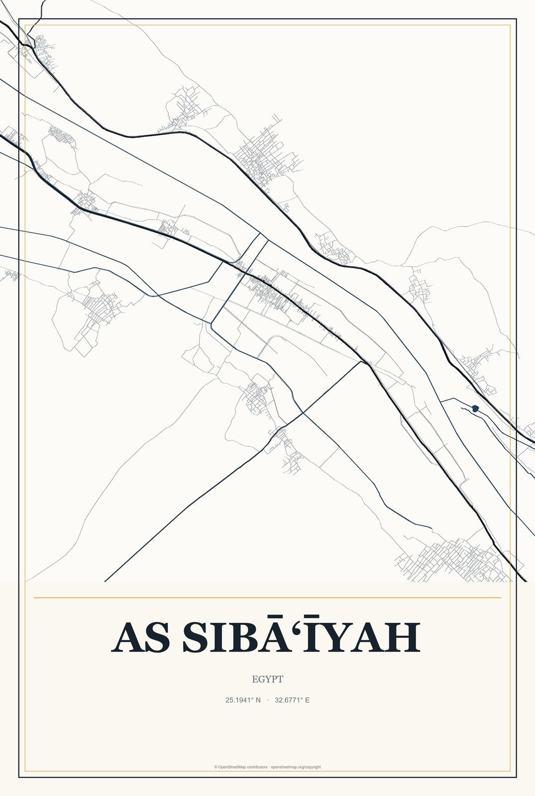 As Sibā‘īyah, Egypt City Map Aluminum Sign in Citrine Modern style