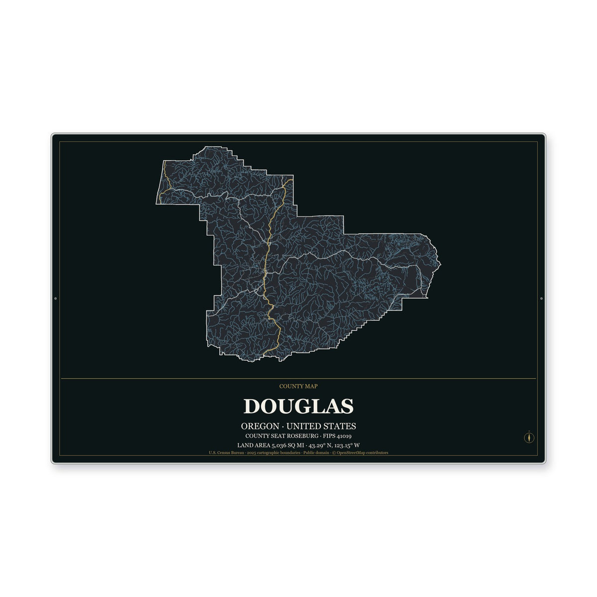 Douglas County, Oregon Map Aluminum Sign in Metropolitan Noir style