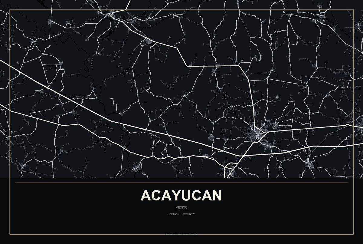 Acayucan, Mexico City Map Aluminum Sign in Metropolitan Noir style