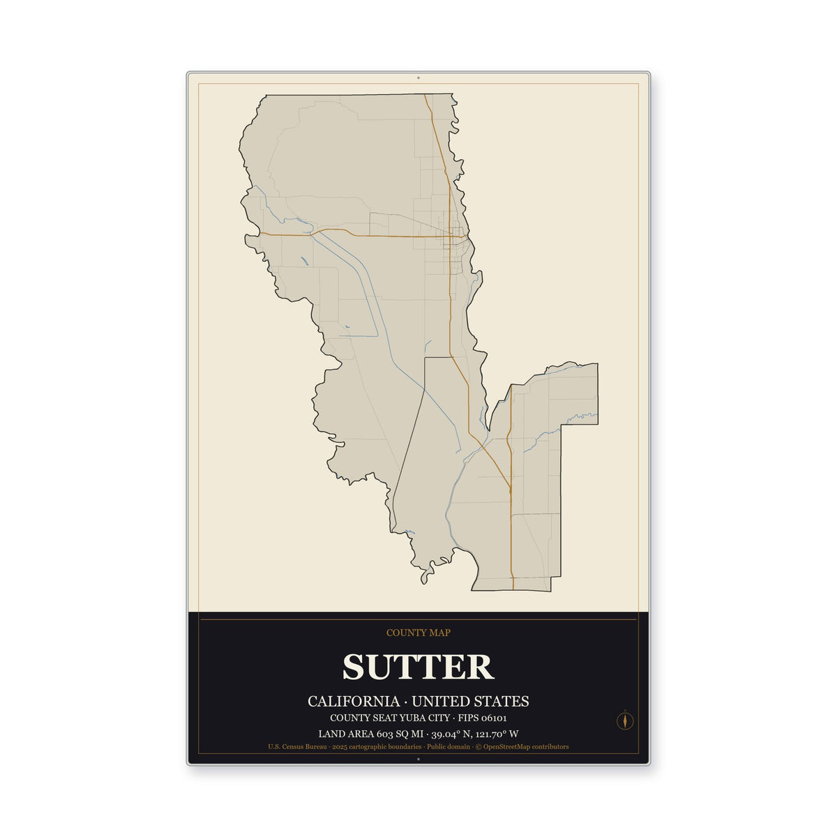 Sutter County, California Map Aluminum Sign in Museum Plaque style