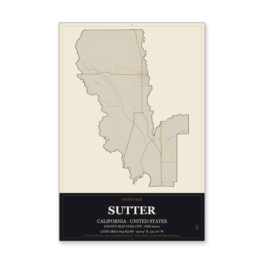 Sutter County, California Map Aluminum Sign in Museum Plaque style