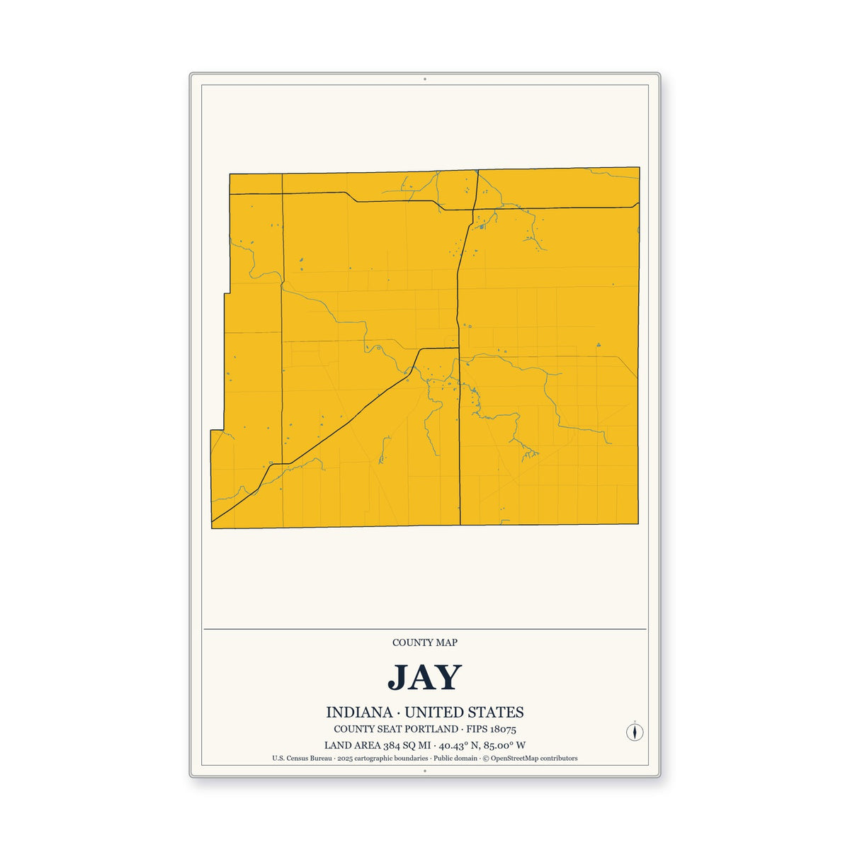 Jay County, Indiana Map Aluminum Sign in Citrine Modern style