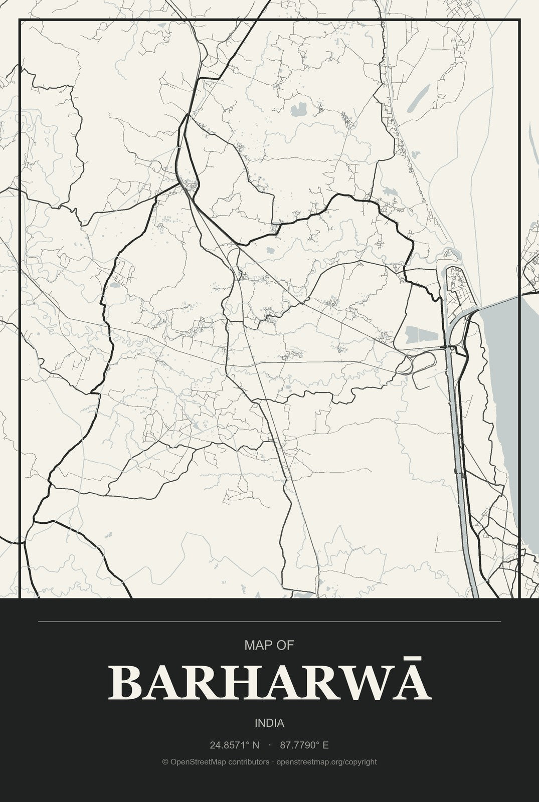 Barharwā, India City Map Aluminum Sign in Museum Plaque style