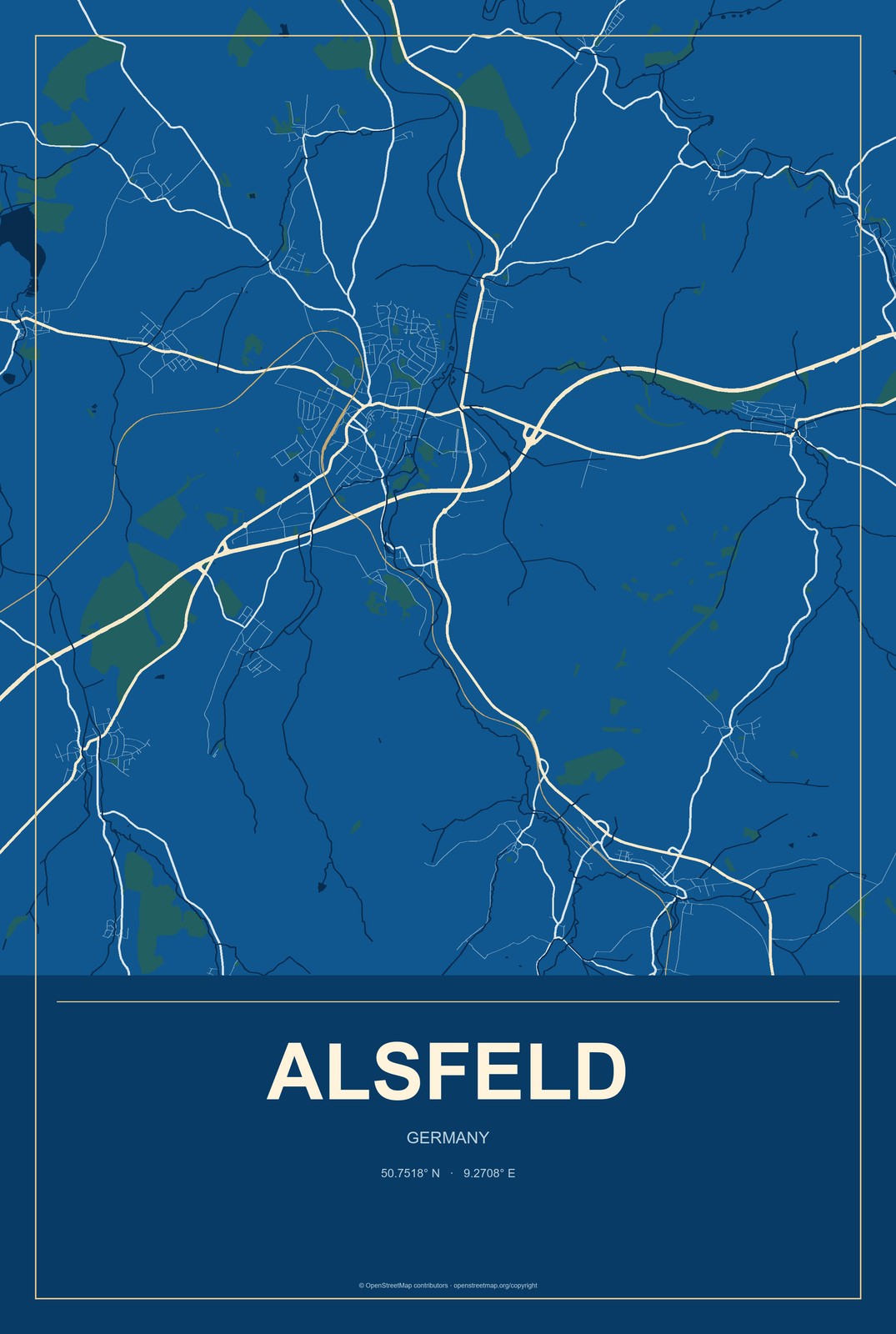 Alsfeld, Germany City Map Aluminum Sign in Harbor Cobalt style