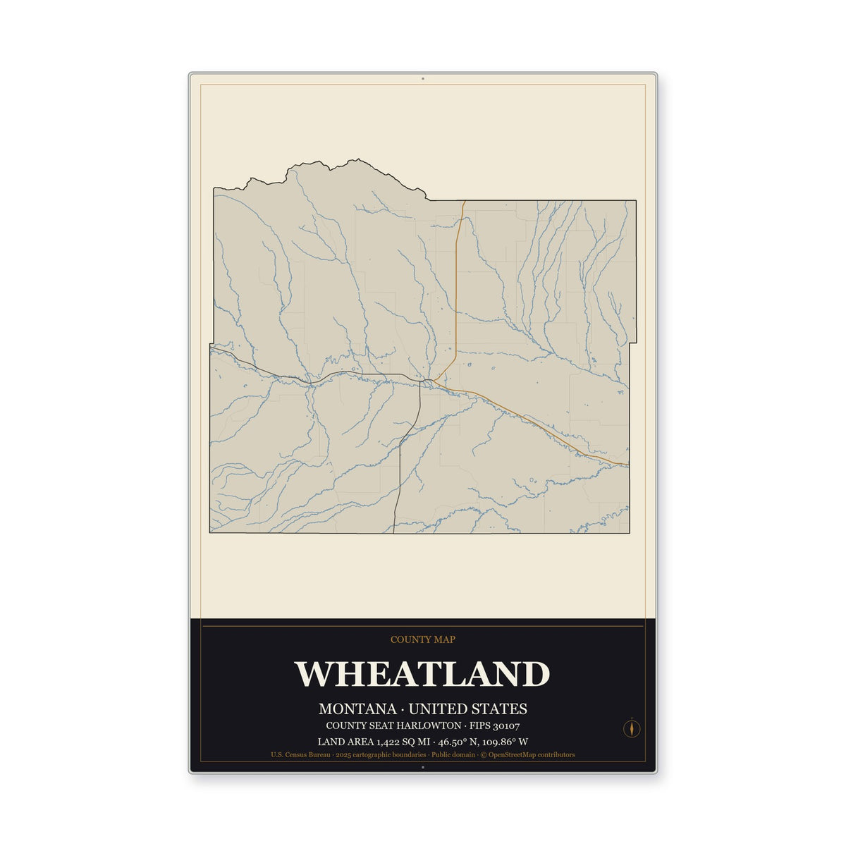 Wheatland County, Montana Map Aluminum Sign in Museum Plaque style