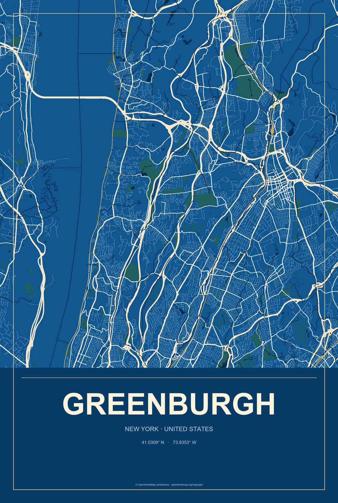 Greenburgh, New York City Map Aluminum Sign in Harbor Cobalt style