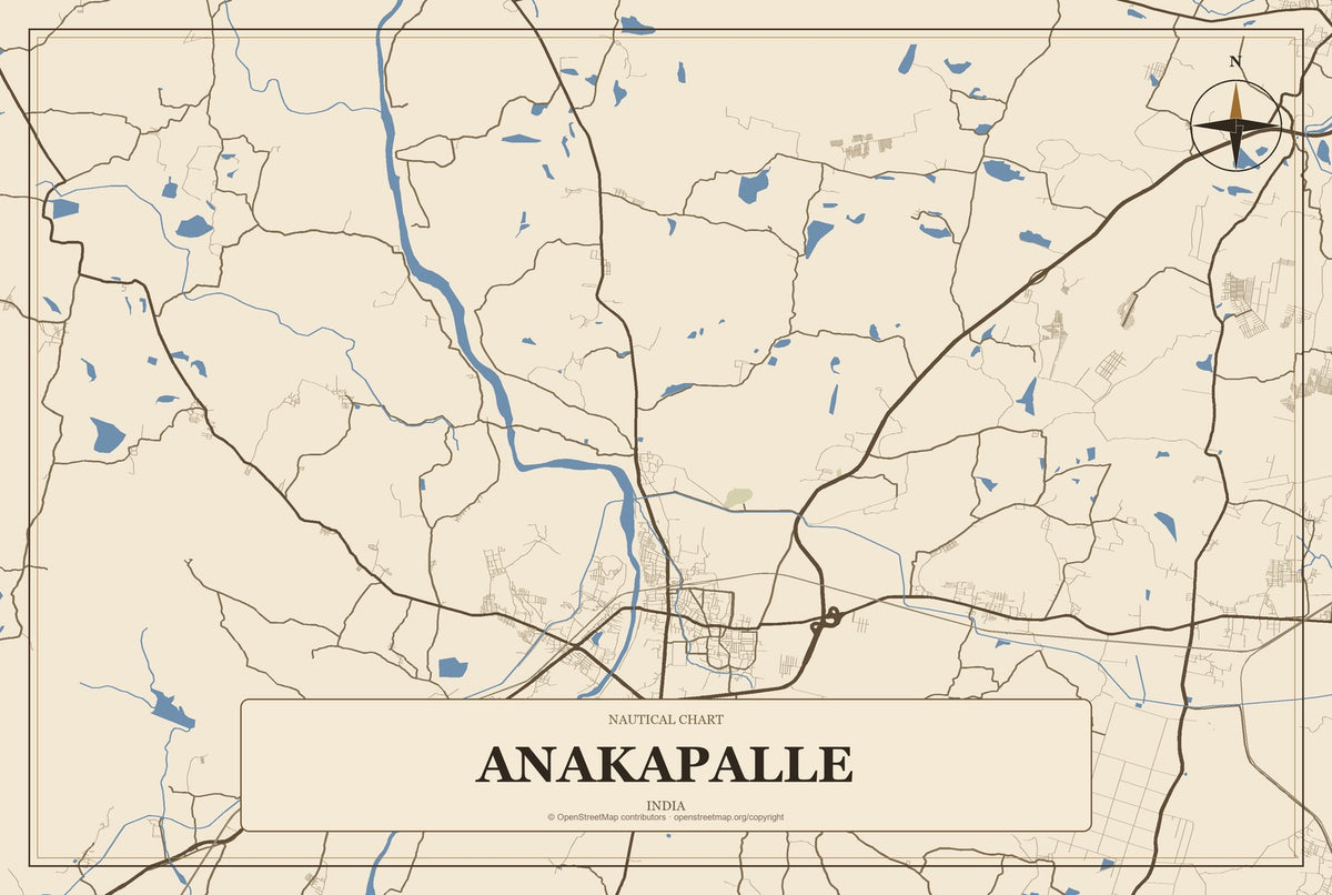 Anakapalle, India City Map Aluminum Sign in Heritage Nautical style