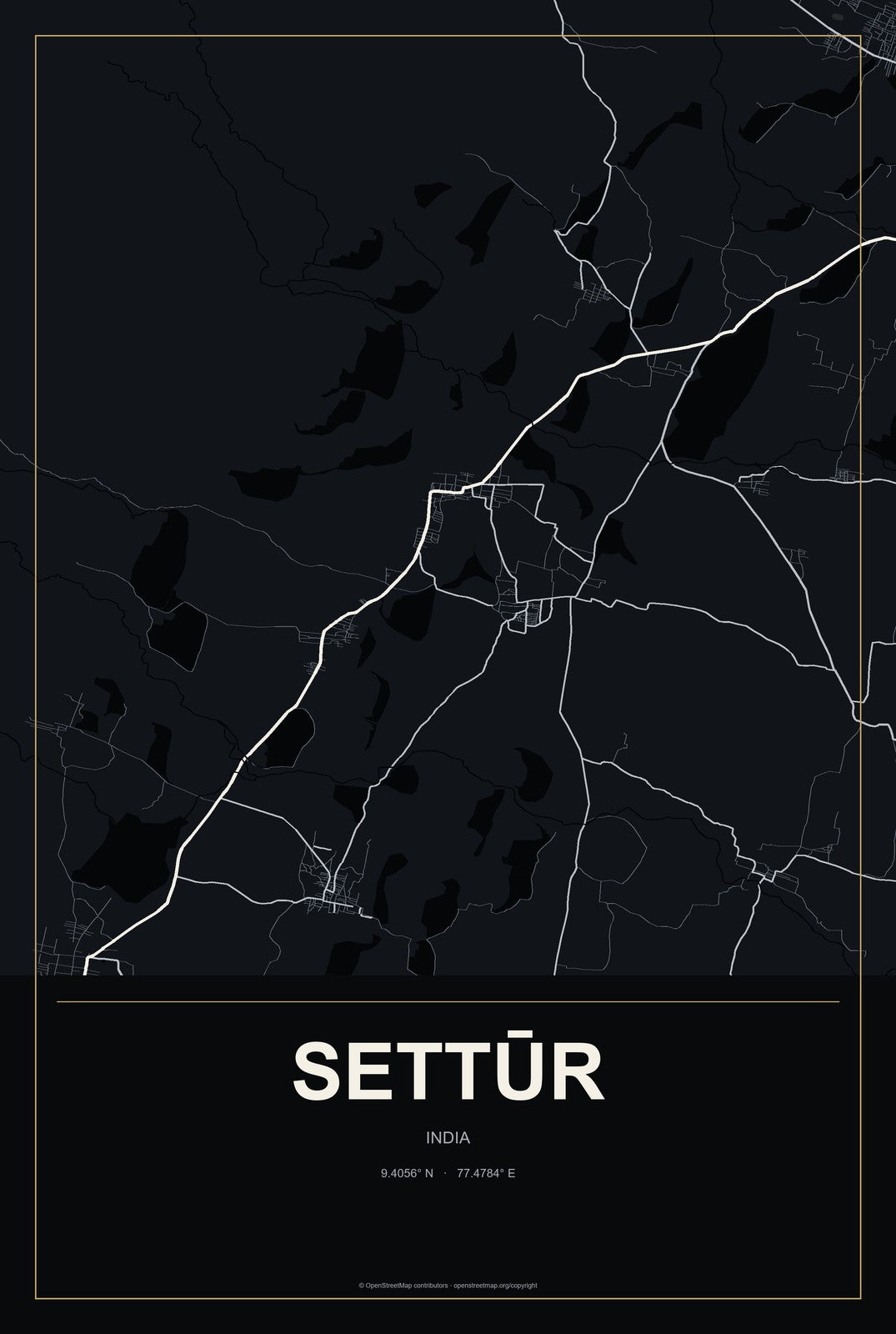 Settūr, India City Map Aluminum Sign in Metropolitan Noir style