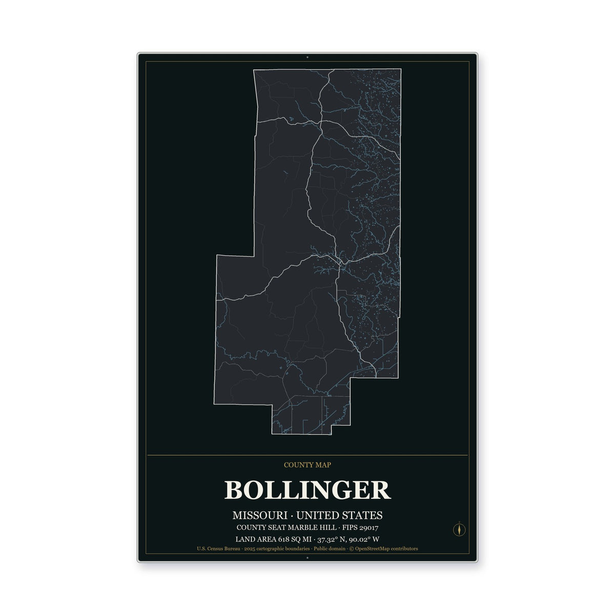 Bollinger County, Missouri Map Aluminum Sign in Metropolitan Noir style