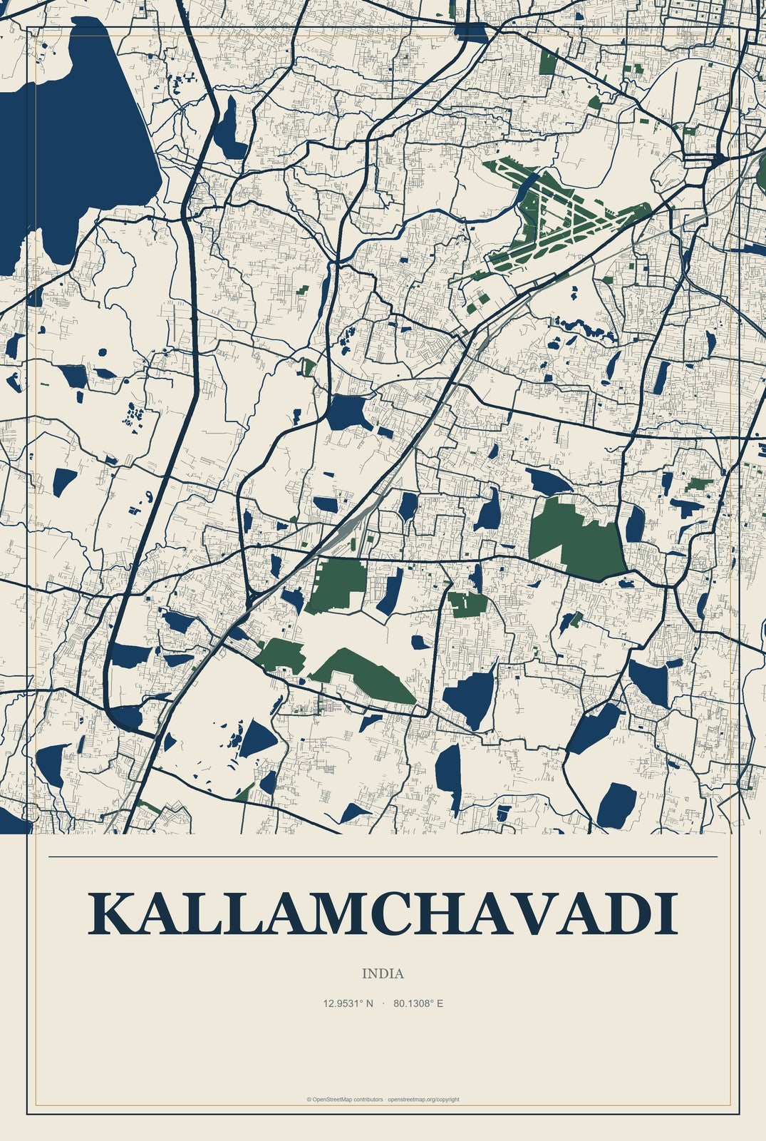 Kallamchavadi, India City Map Aluminum Sign in Coastal Cutout style