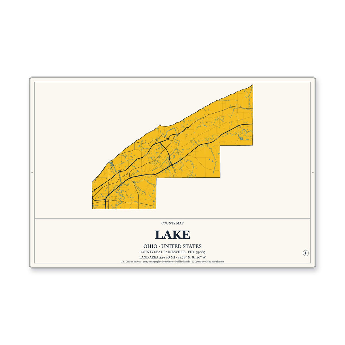Lake County, Ohio Map Aluminum Sign in Citrine Modern style