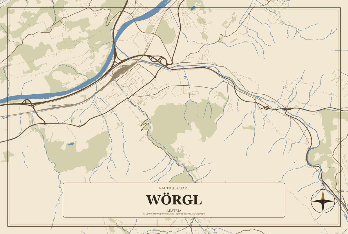 Wörgl, Austria City Map Aluminum Sign in Heritage Nautical style