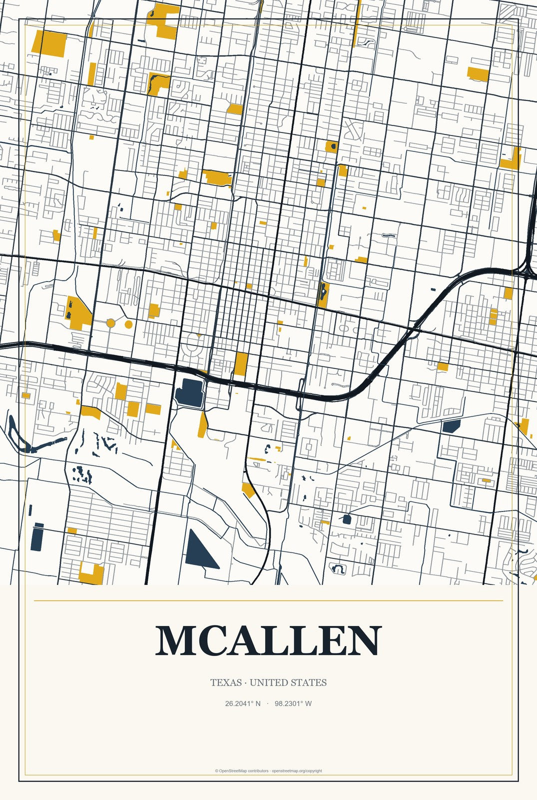 McAllen, Texas City Map Aluminum Sign in Citrine Modern style