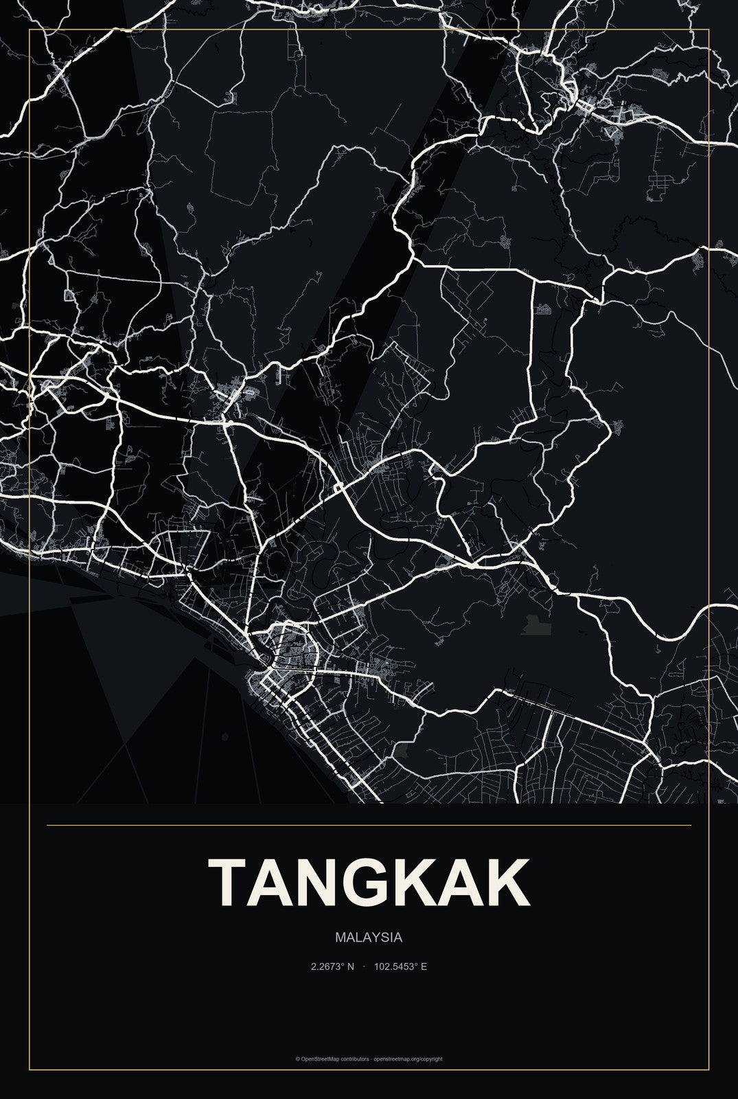 Tangkak, Malaysia City Map Aluminum Sign in Metropolitan Noir style