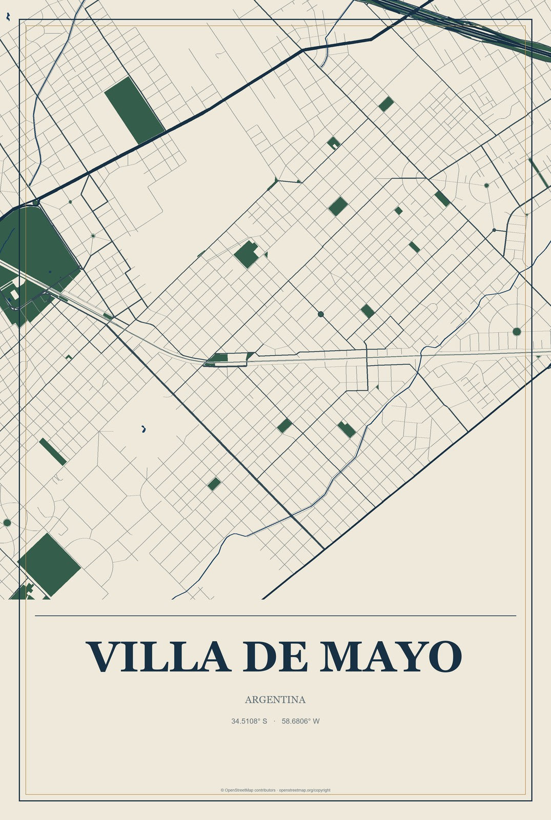 Villa de Mayo, Argentina City Map Aluminum Sign in Coastal Cutout style