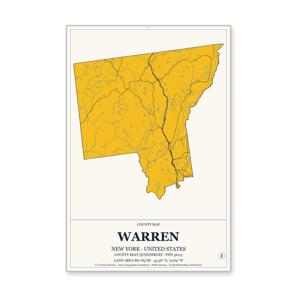 Warren County, New York Map Aluminum Sign in Citrine Modern style