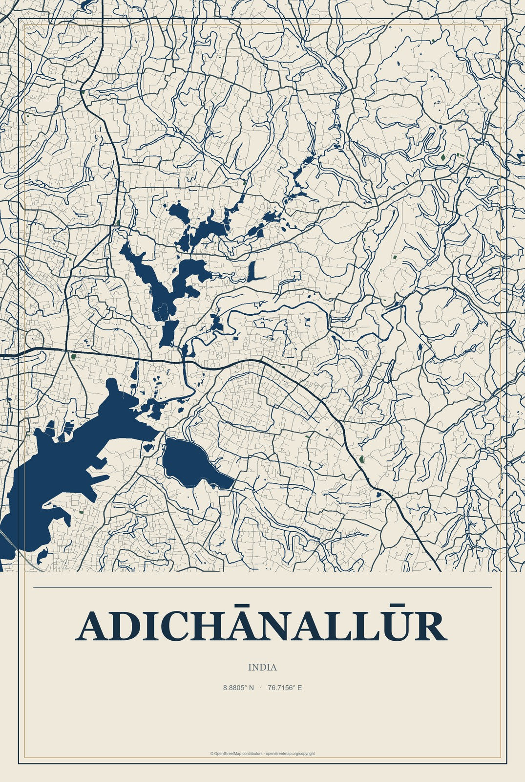 Adichānallūr, India City Map Aluminum Sign in Coastal Cutout style
