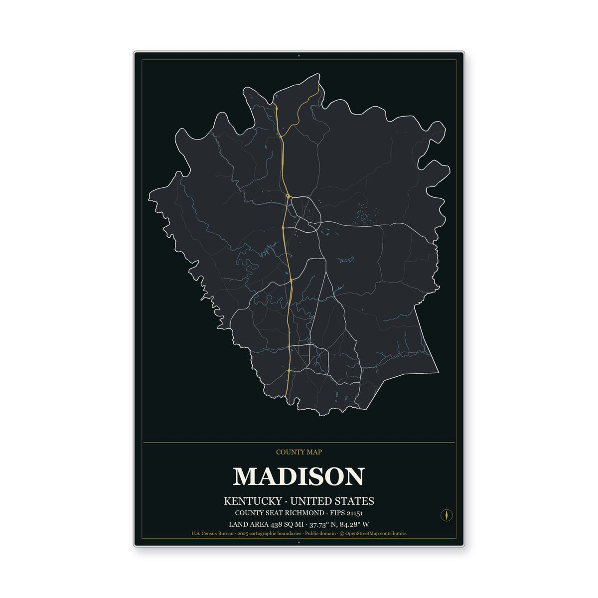 Madison County, Kentucky Map Aluminum Sign in Metropolitan Noir style