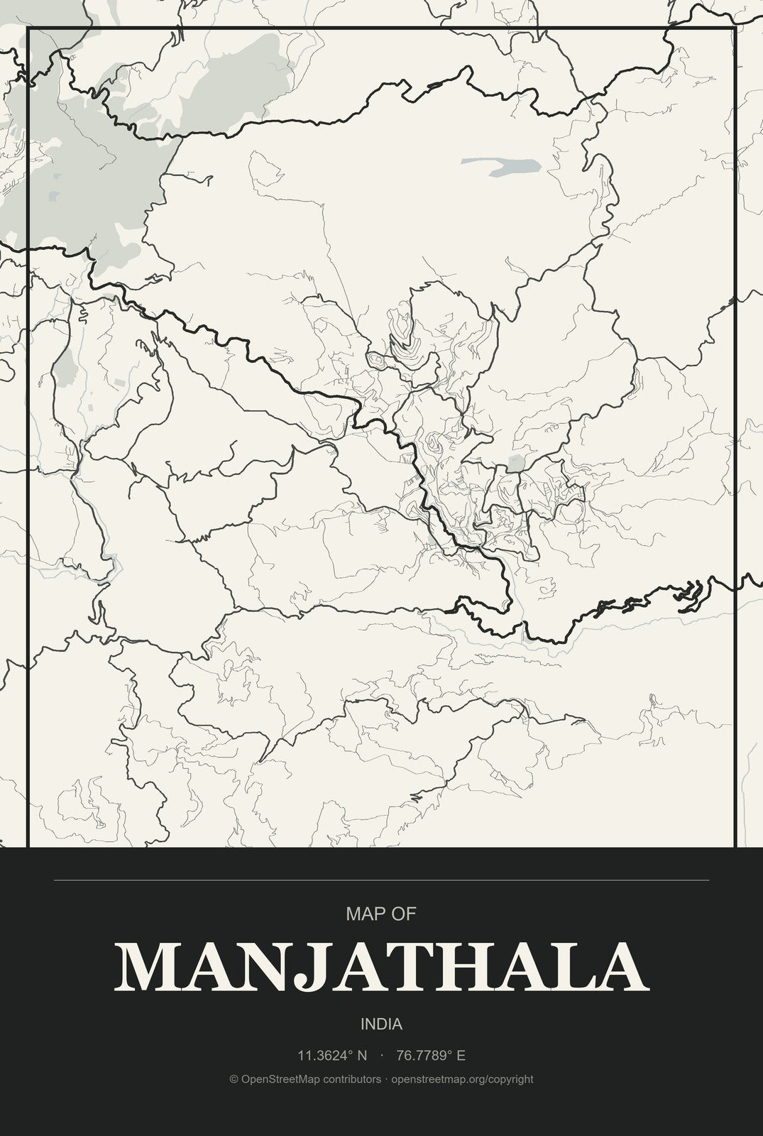Manjathala, India City Map Aluminum Sign in Museum Plaque style
