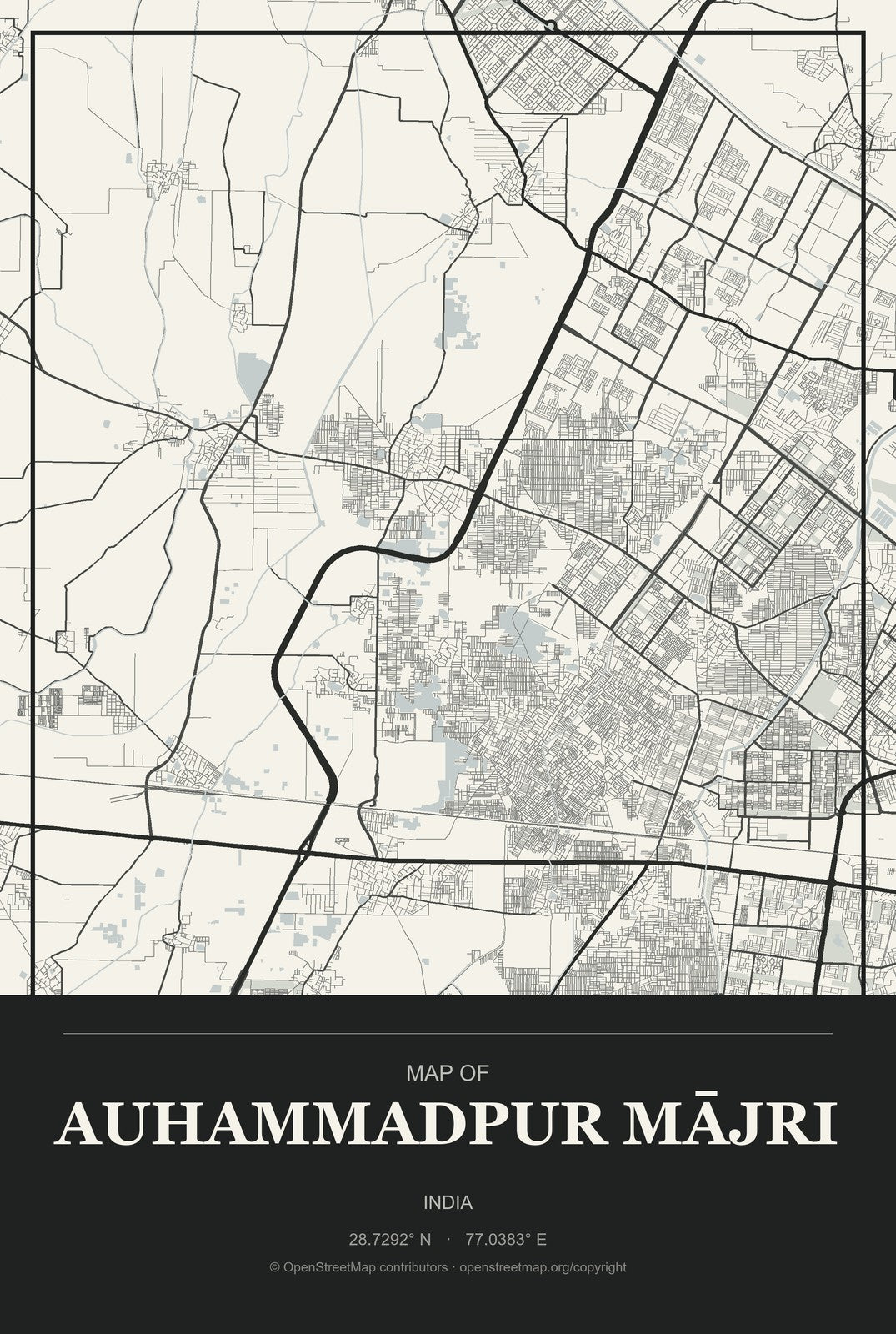Auhammadpur Mājri, India City Map Aluminum Sign in Museum Plaque style