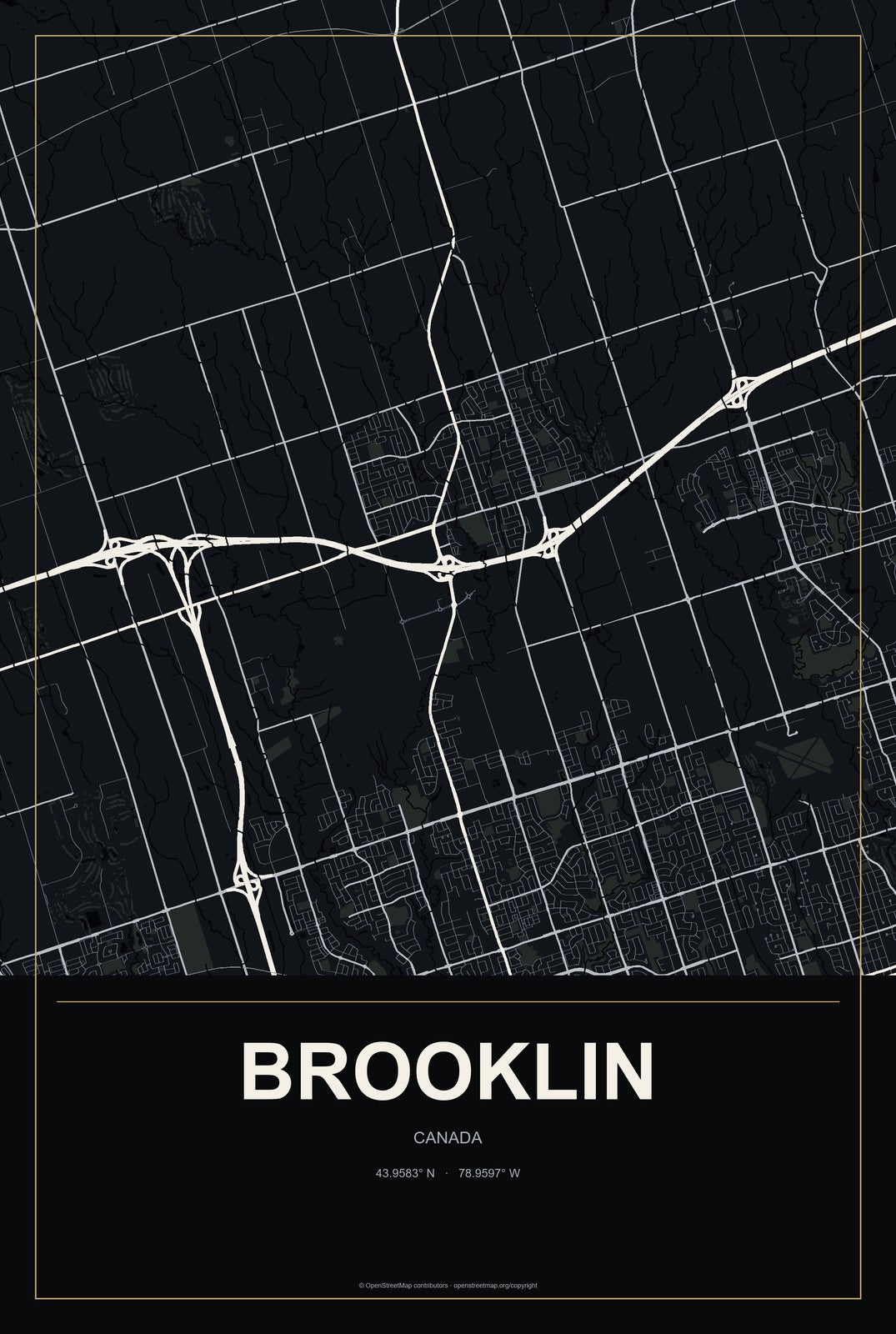 Brooklin, Canada City Map Aluminum Sign in Metropolitan Noir style
