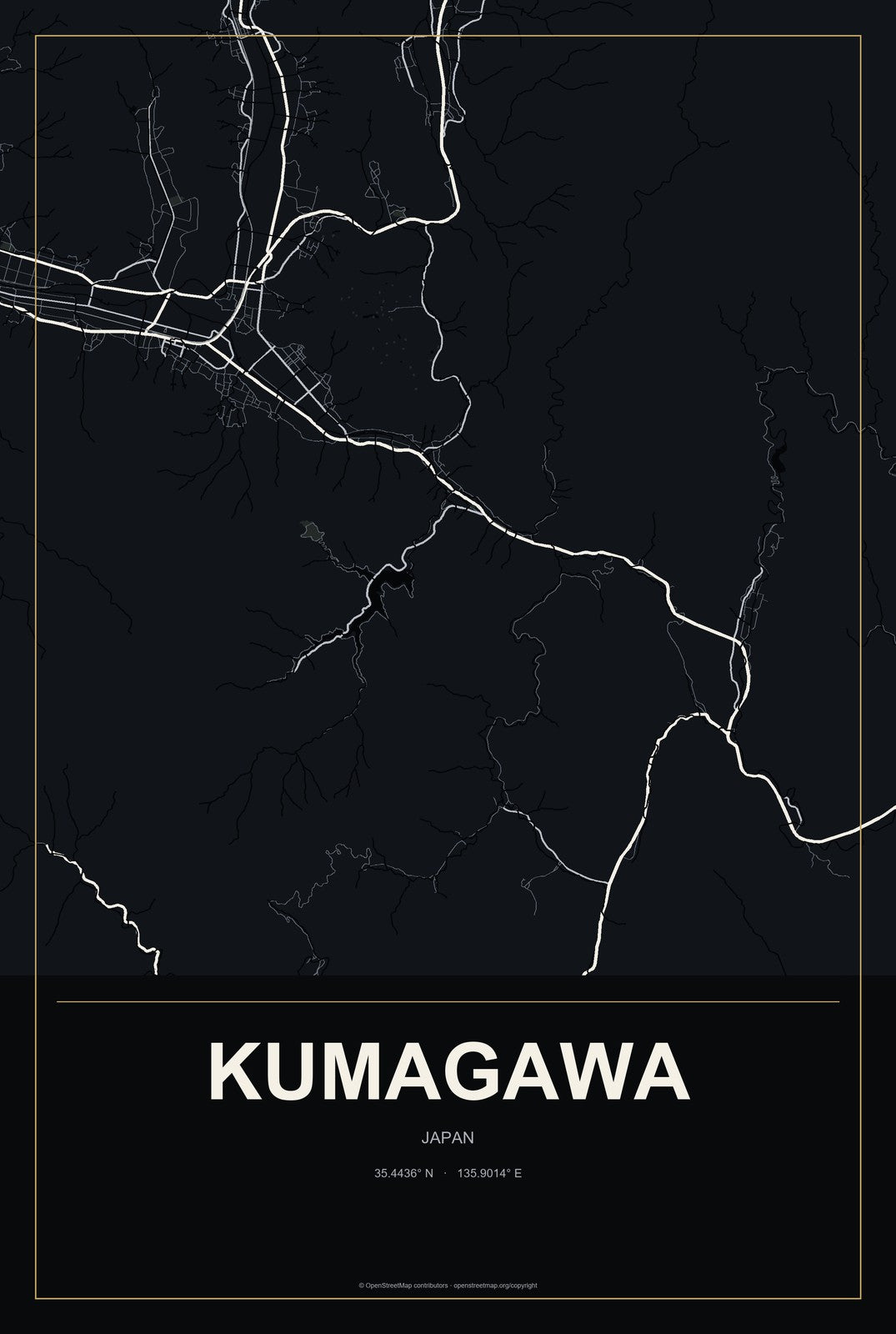 Kumagawa, Japan City Map Aluminum Sign in Metropolitan Noir style