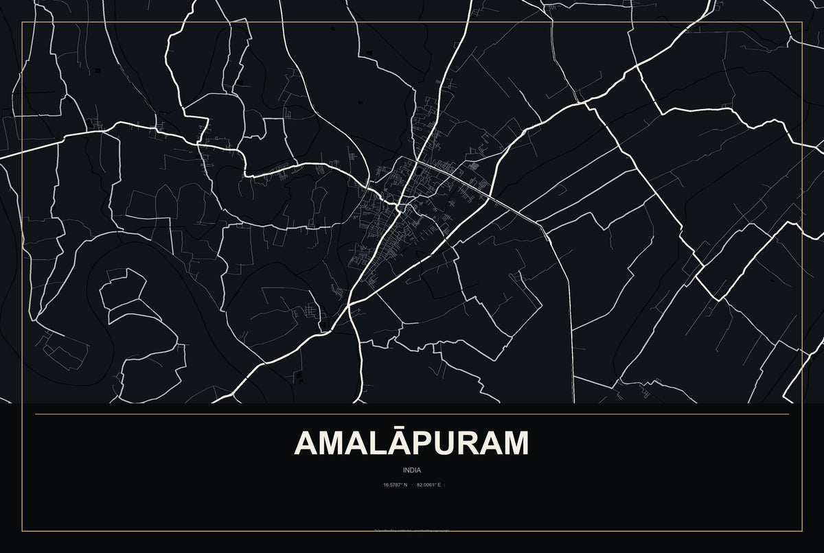 Amalāpuram, India City Map Aluminum Sign in Metropolitan Noir style