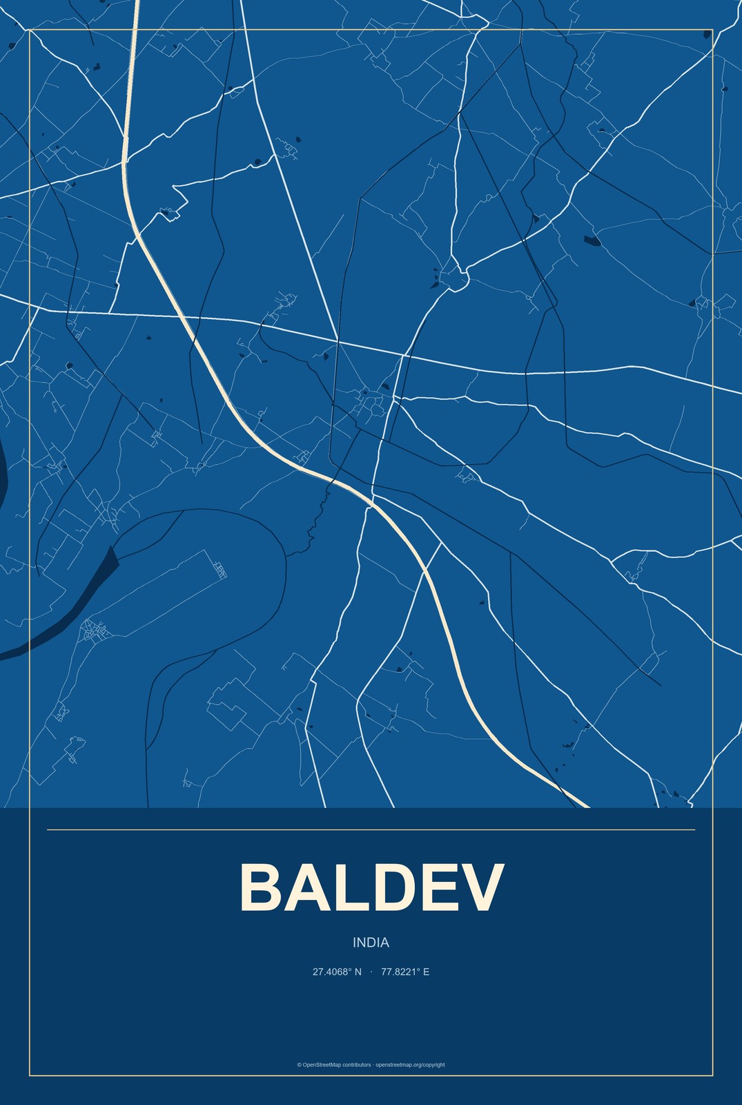 Baldev, India City Map Aluminum Sign in Harbor Cobalt style
