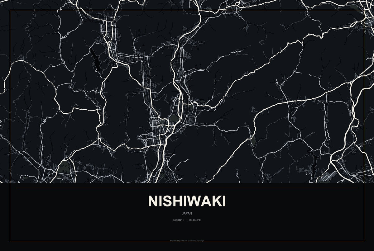 Nishiwaki, Japan City Map Aluminum Sign in Metropolitan Noir style