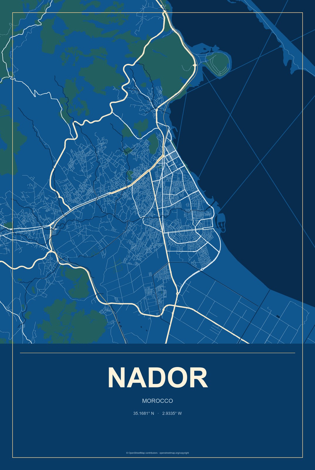 Nador, Morocco City Map Aluminum Sign in Harbor Cobalt style