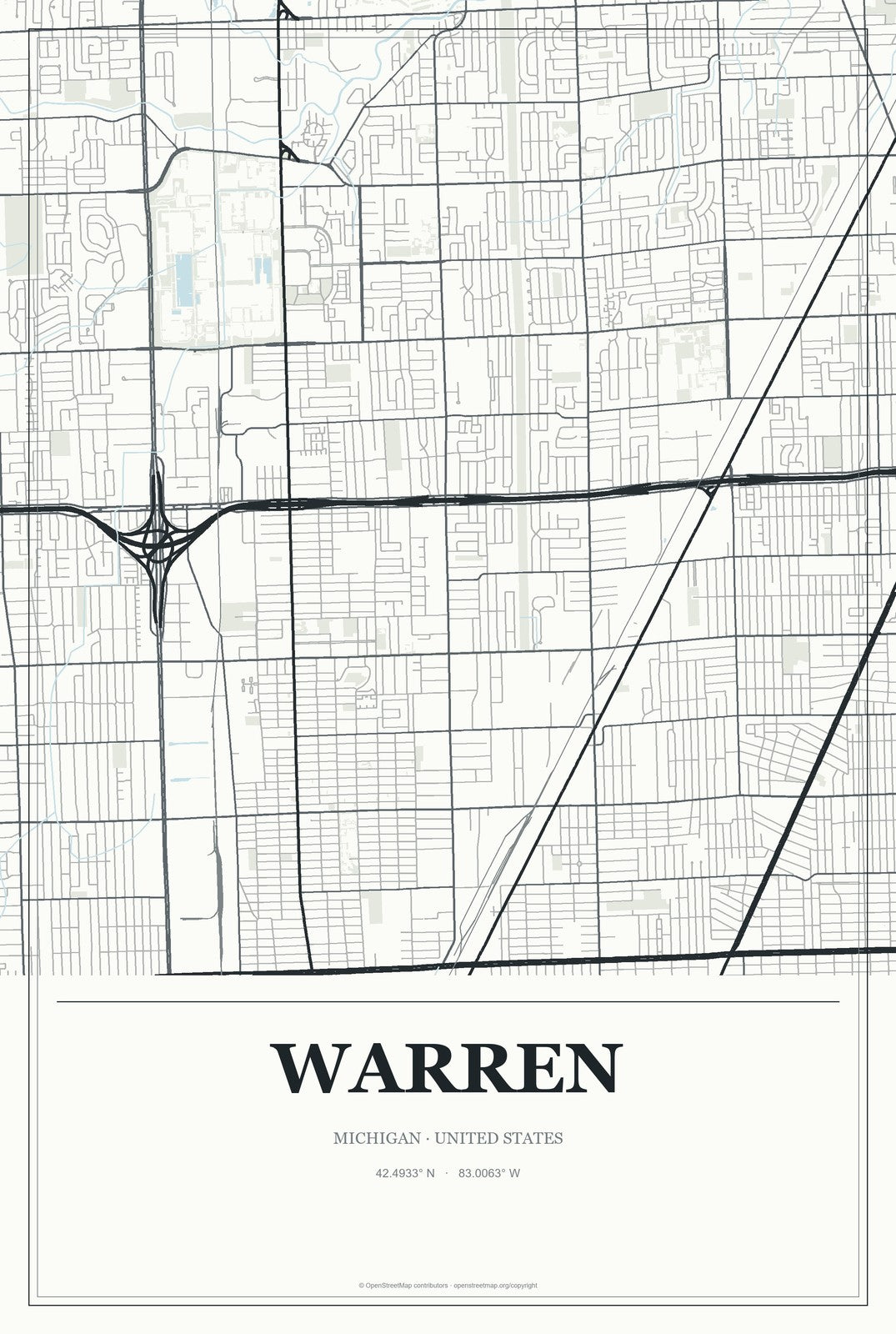 Warren, Michigan City Map Aluminum Sign in Gallery Air style