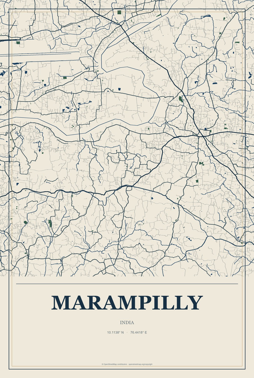 Marampilly, India City Map Aluminum Sign in Coastal Cutout style