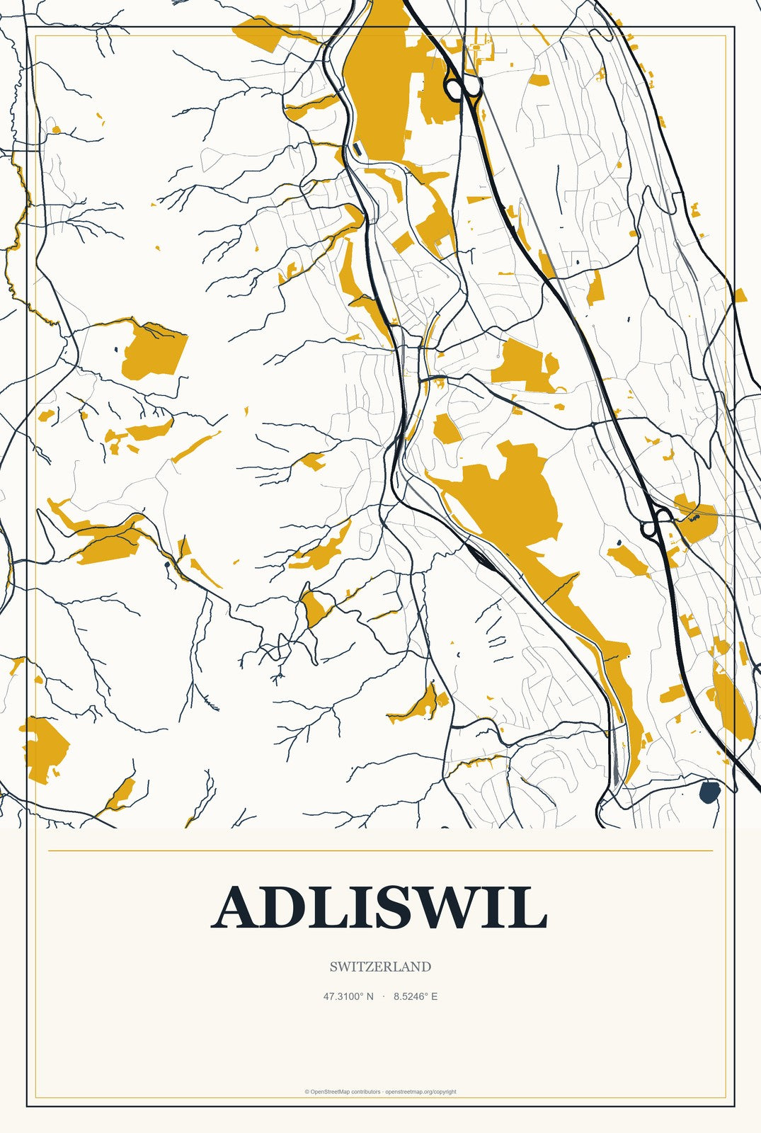 Adliswil, Switzerland City Map Aluminum Sign in Citrine Modern style