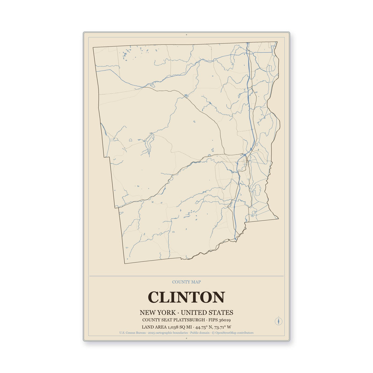 Clinton County, New York Map Aluminum Sign in Heritage Nautical style