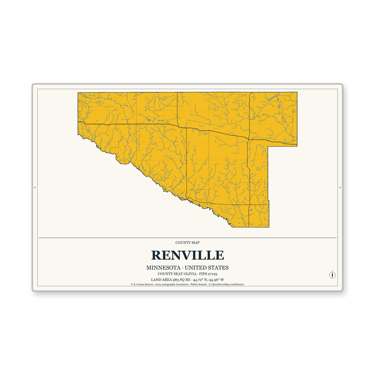 Renville County, Minnesota Map Aluminum Sign in Citrine Modern style