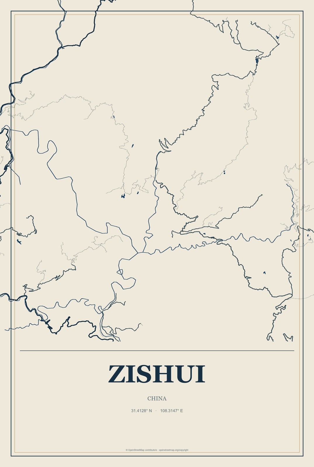 Zishui, China City Map Aluminum Sign in Coastal Cutout style