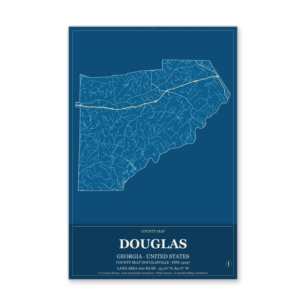 Douglas County, Georgia Map Aluminum Sign in Harbor Cobalt style