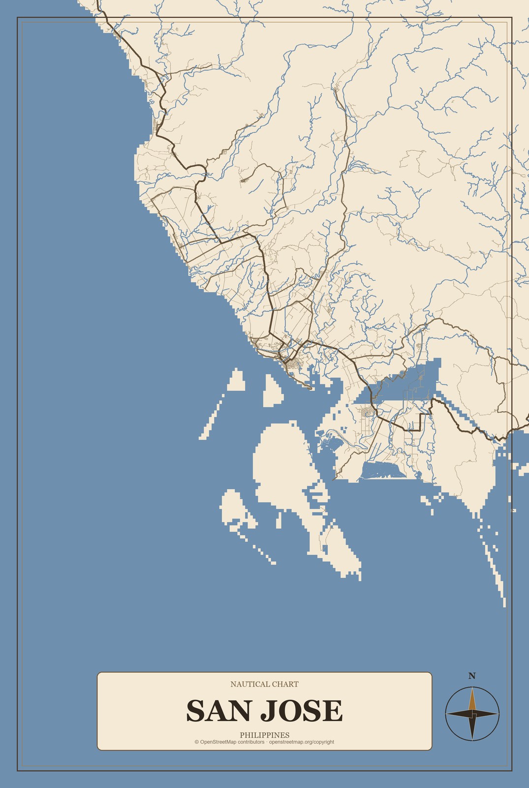 San Jose, Mimaropa, Philippines City Map Aluminum Sign in Heritage Nautical style