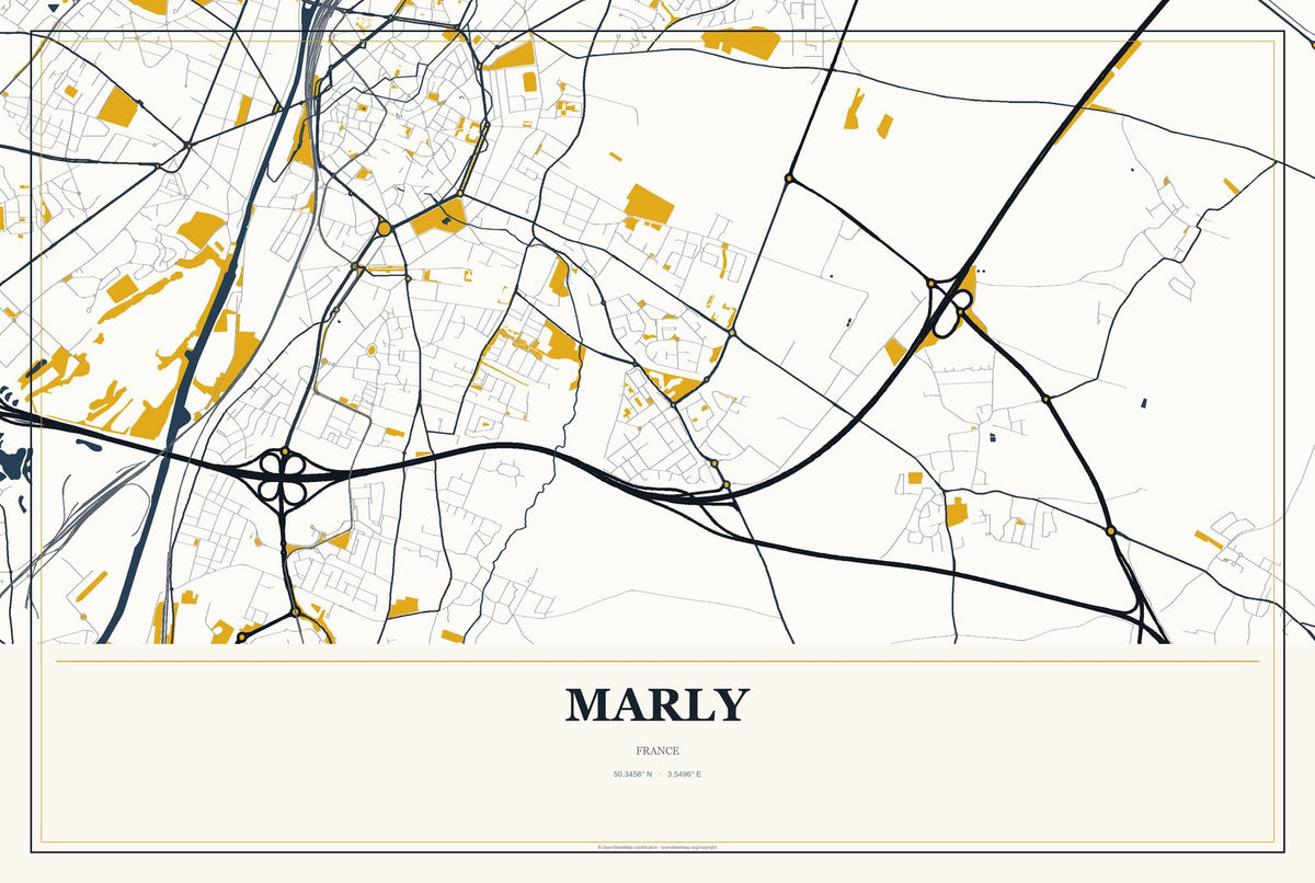 Marly, Grand Est, France City Map Aluminum Sign in Citrine Modern style