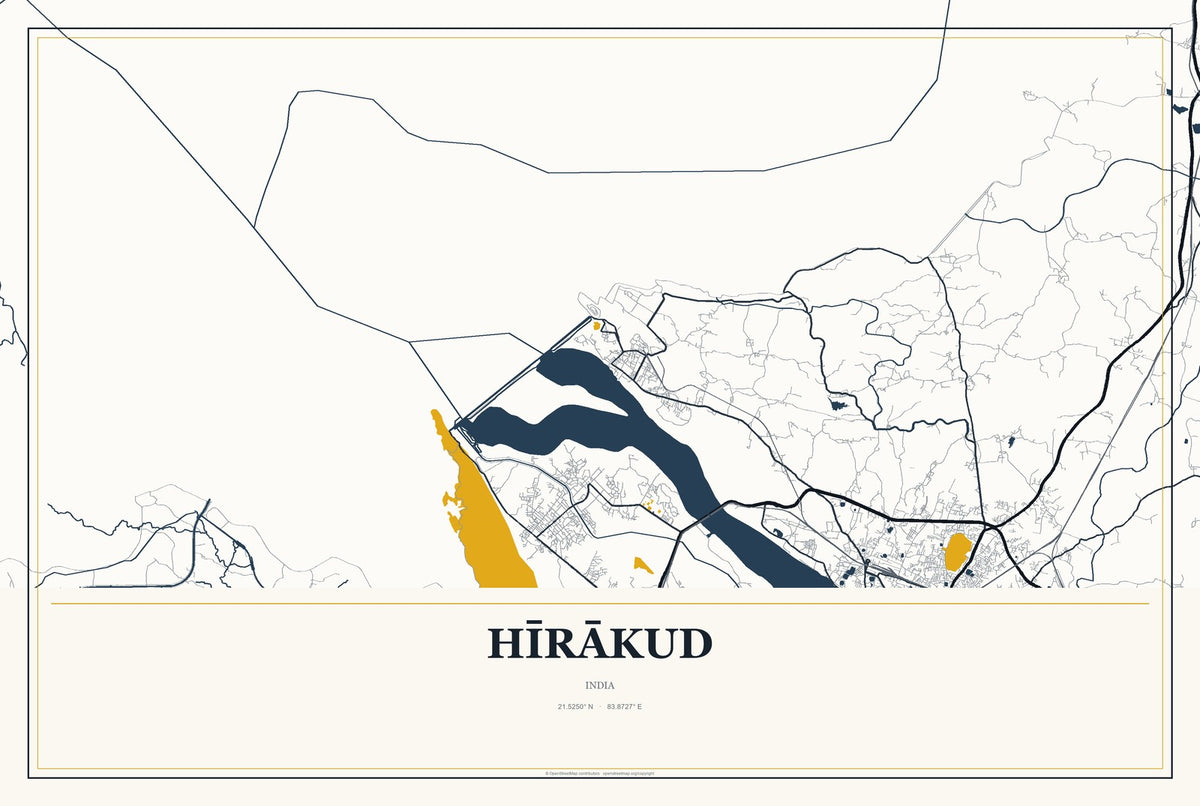 Hīrākud, India City Map Aluminum Sign in Citrine Modern style