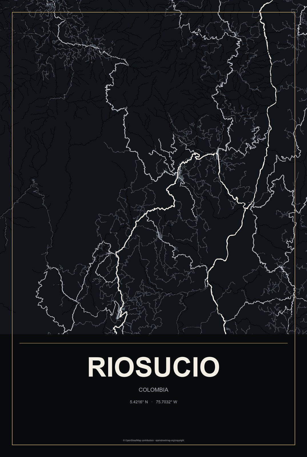 Riosucio, Colombia City Map Aluminum Sign in Metropolitan Noir style