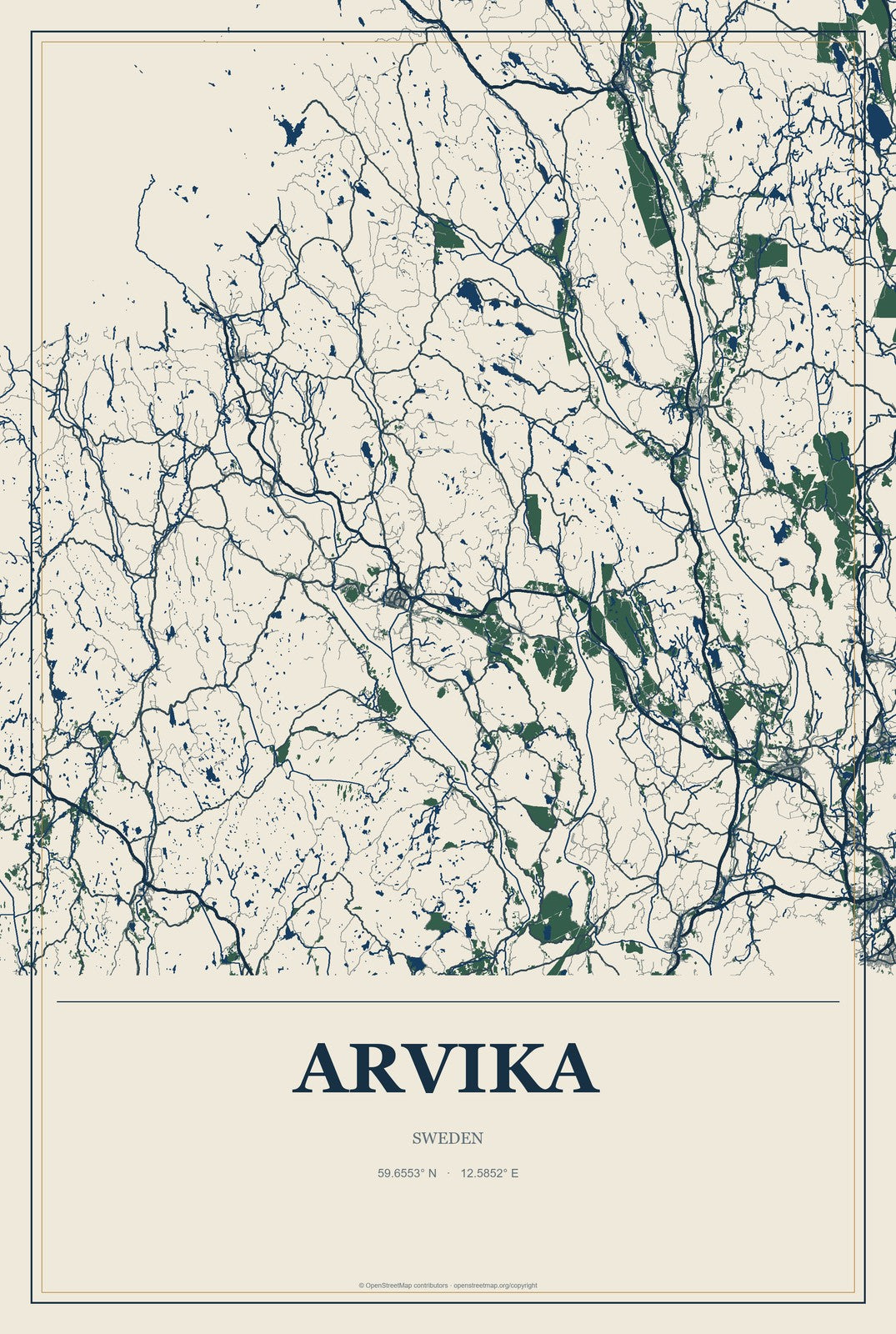 Arvika, Sweden City Map Aluminum Sign in Coastal Cutout style