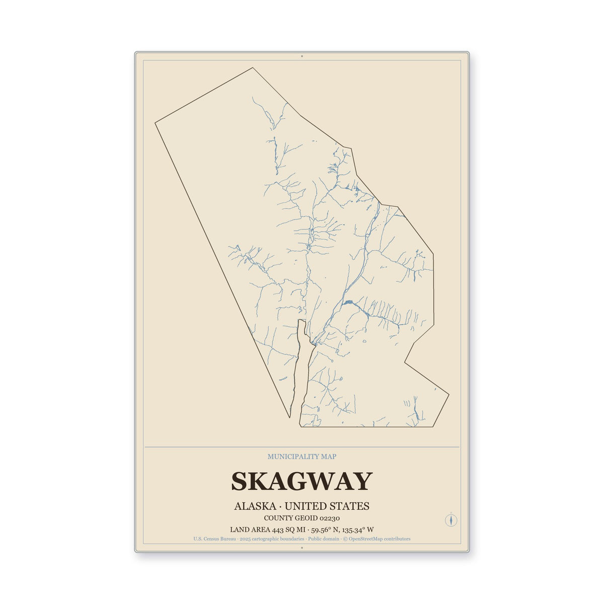 Skagway Municipality, Alaska Map Aluminum Sign in Heritage Nautical style