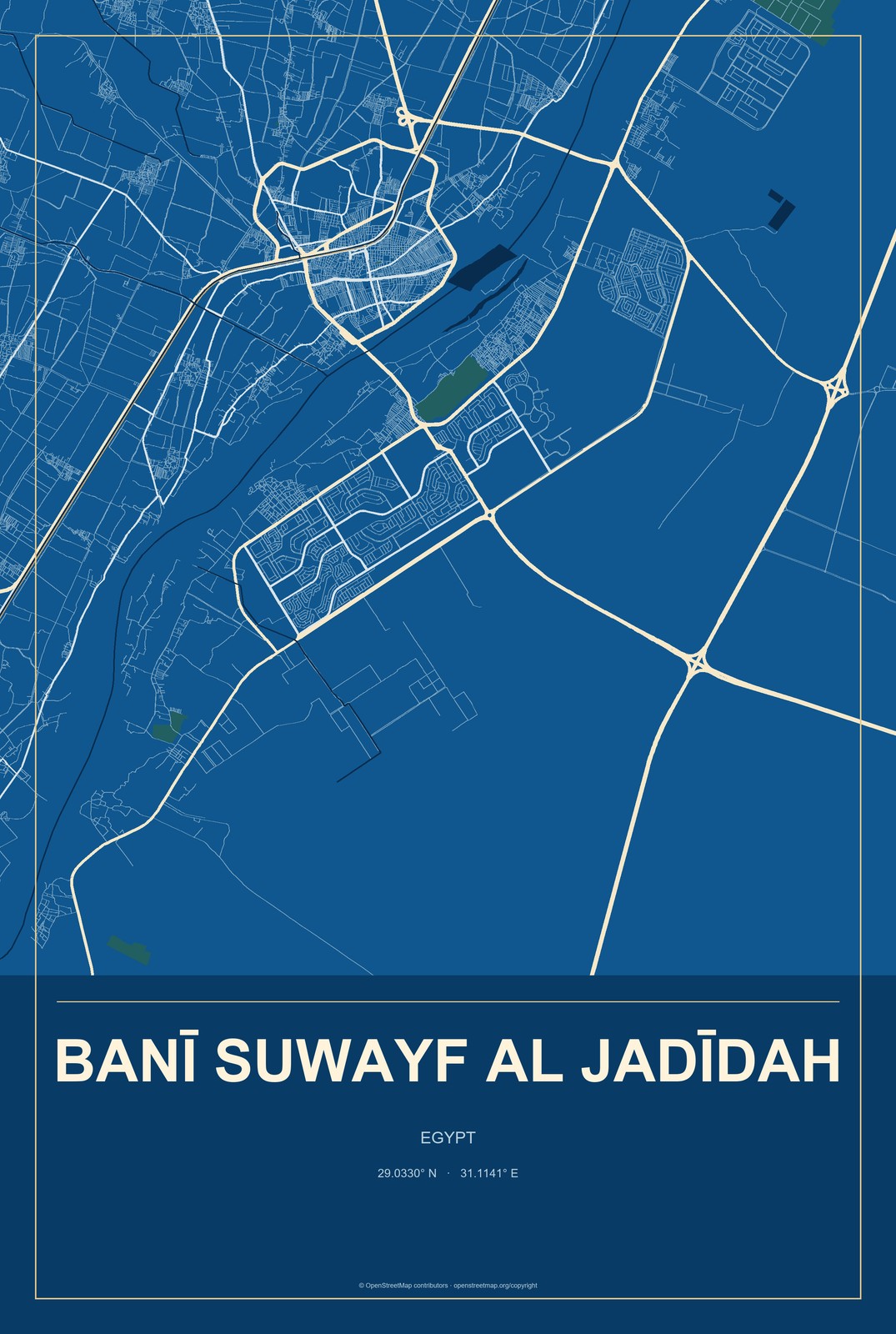 Banī Suwayf al Jadīdah, Egypt City Map Aluminum Sign in Harbor Cobalt style